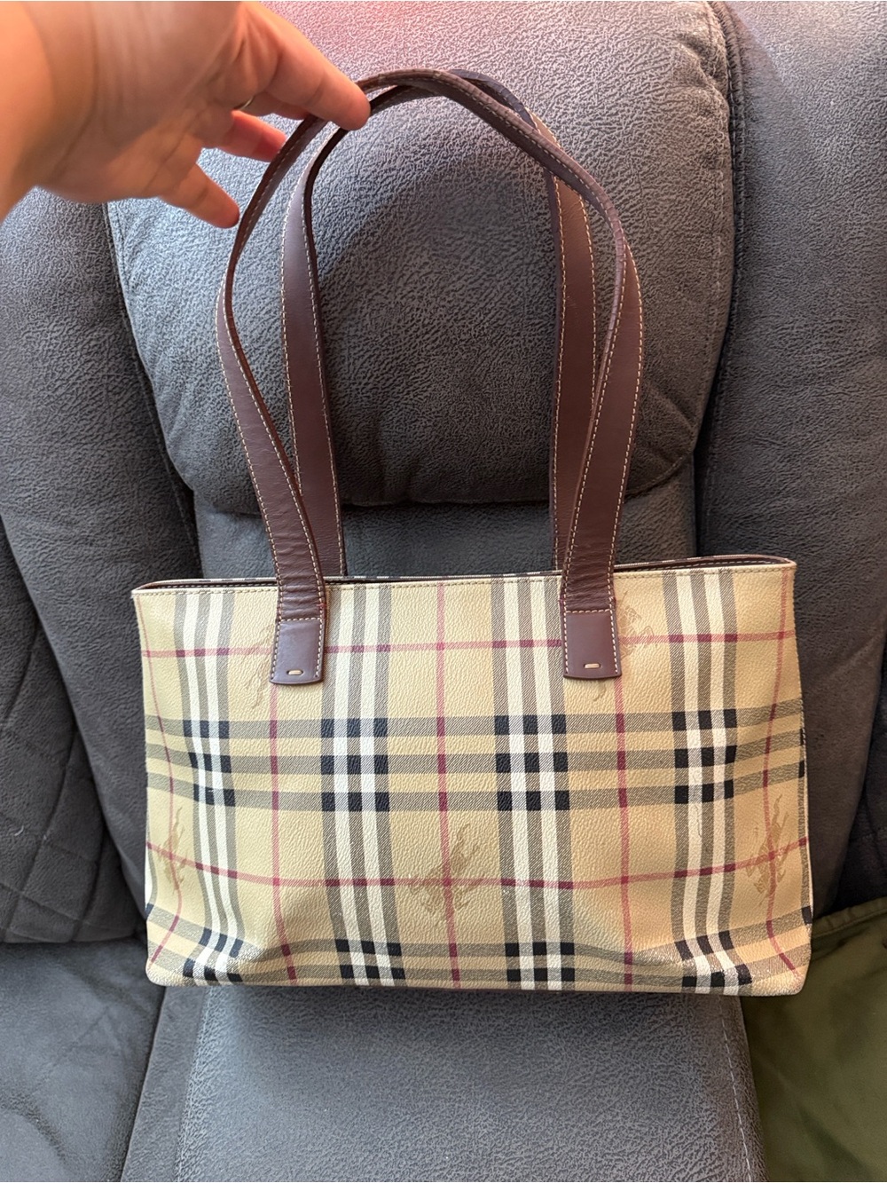 Classic Burberry Plaid Tote Bag with Brown Leather Handles